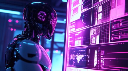 Fototapeta premium A futuristic robot interacts with a digital interface displaying data and graphics.
