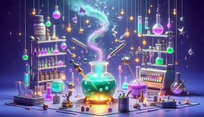 lab cartoon focused on magical potions, where accidents are the norm. A glowing potion bottle flies across the air, spraying sparks, while a beaker pours a rainbow-colored liquid.