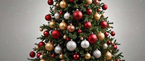 A huge christmas tree decorated with ornamental balls and bokeh lights for christmas celebration