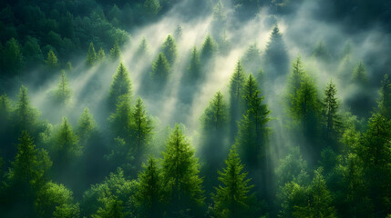 Lush green forest with mist and sunlight filtering through trees.