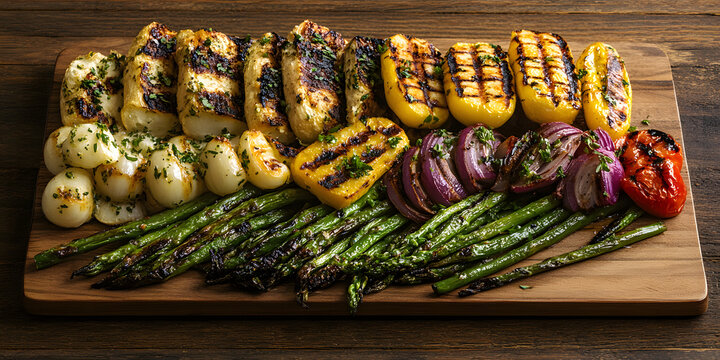 Vegetais grelhados sobre uma t&aacute;bua de madeira r&uacute;stica
