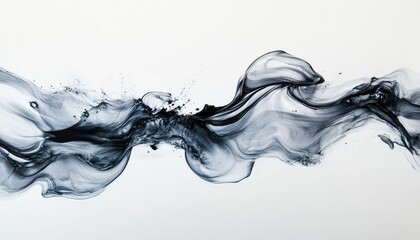 An abstract fluid art piece featuring flowing black and gray waves on a white background, evoking a sense of movement and elegance.