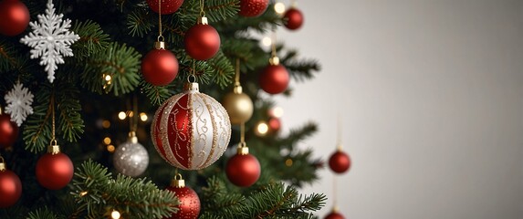 A huge christmas tree decorated with ornamental balls and bokeh lights for christmas celebration