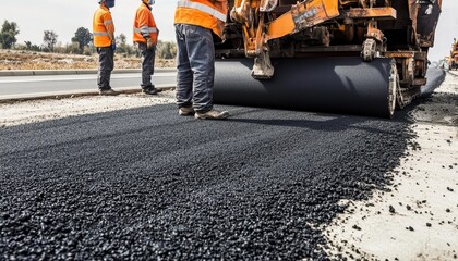 Workers operate a machine to lay asphalt on a road under construction, showcasing teamwork and heavy machinery in action.