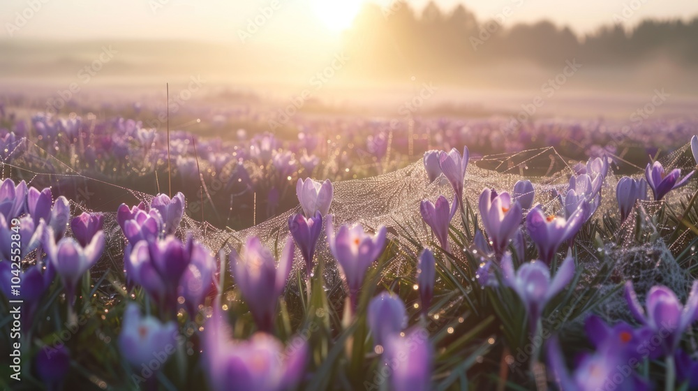 Canvas Prints Sunrise Over a Field of Crocuses