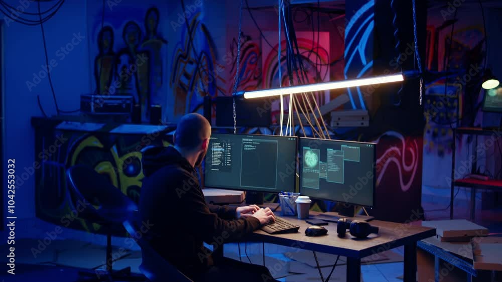 Poster hacker in underground warehouse writing lines of code on computer screen to make malware that get pa