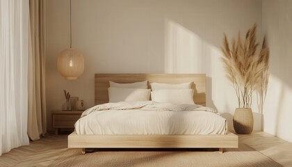 Fototapeta premium A serene, minimalistic bedroom featuring a wooden bed, soft bedding, natural light, and decorative plants, creating a calming atmosphere.
