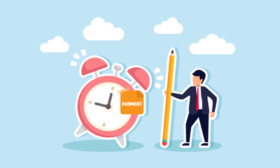 A businessman with a pencil is standing next to an alarm clock labeled PAYMENT, illustrating a reminder for the bill payment deadline
