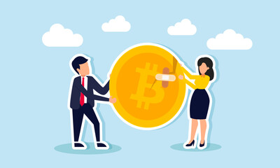 A businessman and businesswoman are repairing cracked bitcoins with bandage tape, illustrating the evaluation and improvement of strategies in bitcoin investments that have incurred losses