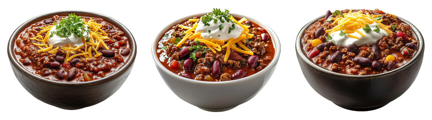 Bowls of chili with cheese isolated on transparent PNG background ideal for food packaging or hearty meal designs