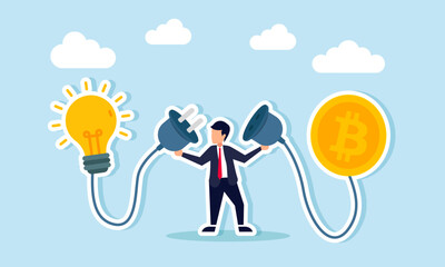 A businessman is holding a power plug with each end connected to a lit lamp and a bitcoin, illustrating innovative strategies in bitcoin trading and investment analysis