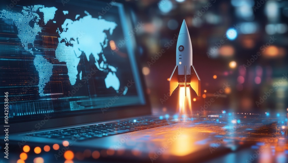 Aufkleber a white rocket with a glowing flame takes off from a laptop keyboard in front of a world map on the 