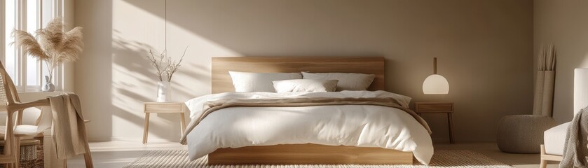 A serene, modern bedroom with a wooden bed, soft bedding, minimal décor, natural light streaming in, and neutral tones creating a calming atmosphere.