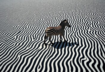 Mesmerizing Aerial View of a Zebra Walking Through Thin Black Lines, Creating a Striking Optical Illusion with Contrasting Stripes for Minimalistic Art Lovers