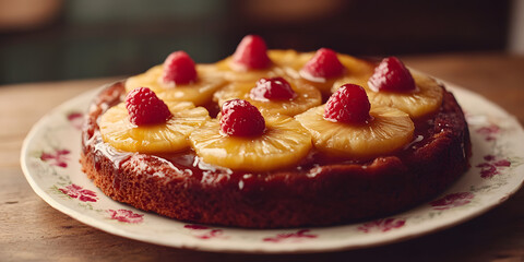 Bolo de abacaxi de cabe&ccedil;a para baixo em um prato vintage