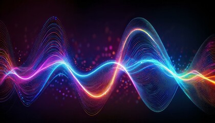 Psychedelic, neon-hued sinus wave with vibrant particles on a blue gradient, ethereal and dynamic design. Blue gradient background