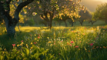 Fototapeta premium Sunlit Meadow with Blooming Trees