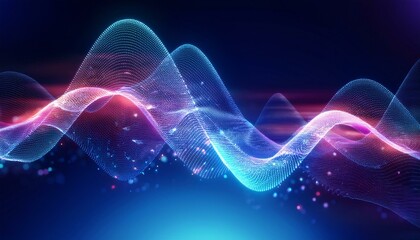 Psychedelic, neon-hued sinus wave with vibrant particles on a blue gradient, ethereal and dynamic design. Blue gradient background
