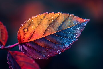 A close up of a leaf with water droplets on it
