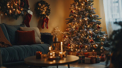 Christmas season decorations in a family living room