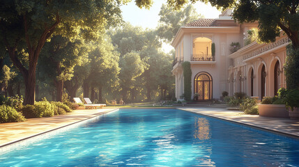 Beautiful mansion with a swimming pool surrounded by trees