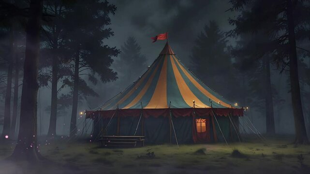 A circus tent in the middle of the forest at night. Seamless 4K looping timelapse video animation background
