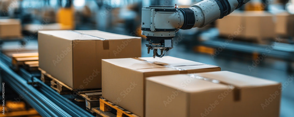 Poster a robot is working on a conveyor belt with boxes. the robot is in the middle of the boxes and is wor