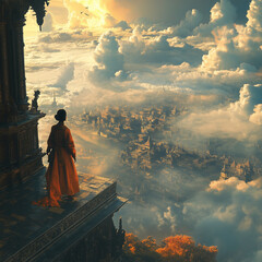 Woman overlooking a fantasy kingdom 