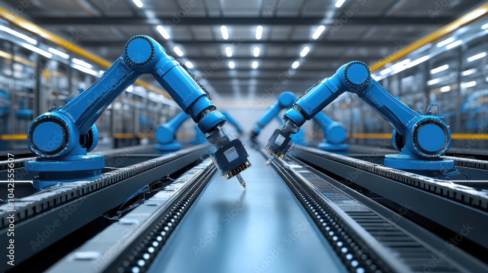 Poster two robots are working in a factory. the robots are blue and are working on a conveyor belt