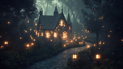 Charming cottage in the forest lit up at night