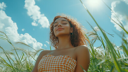 woman in preppy clothing enjoying the grass and outdoors