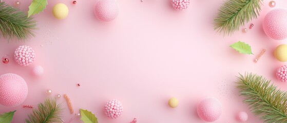 Festive Pink Background with Decorative Ornaments and Greenery for Celebrations and Seasonal Events