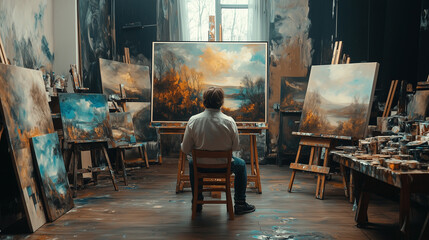 Male artist painting in his studio 