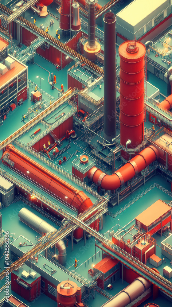 Poster a cityscape with a red building in the middle. the building is surrounded by a network of pipes and 
