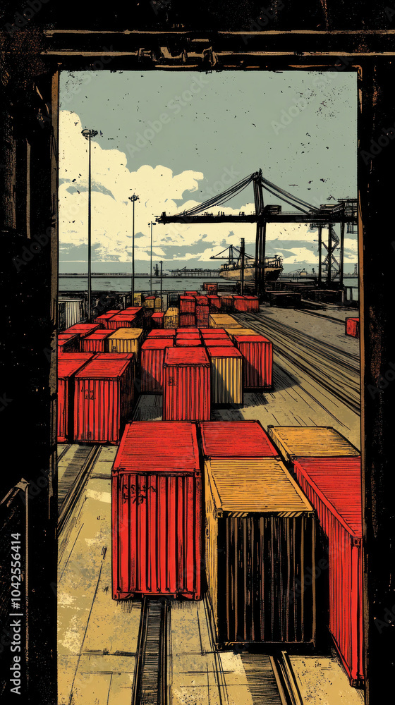Poster a large red container is sitting on a dock. the container is surrounded by other red containers. the