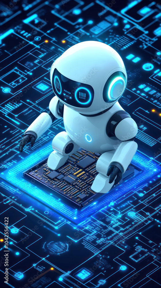 Poster a robot is sitting on a computer chip. the robot is white and has a blue face. the robot is surround