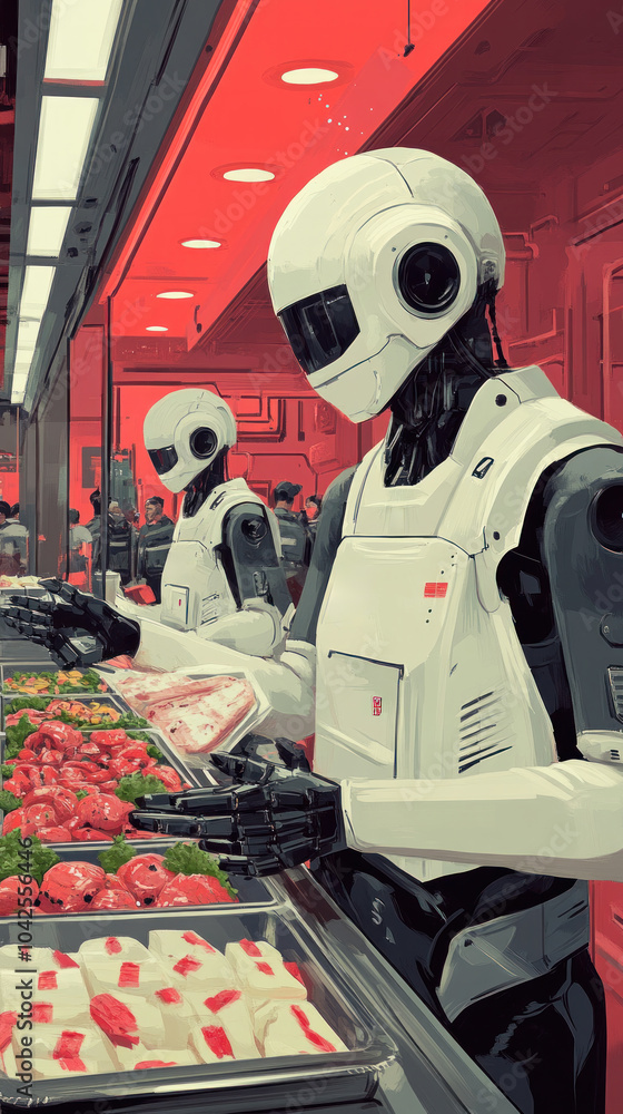 Poster two robots are working at a food counter. one of them is holding a piece of sushi. the other robot i