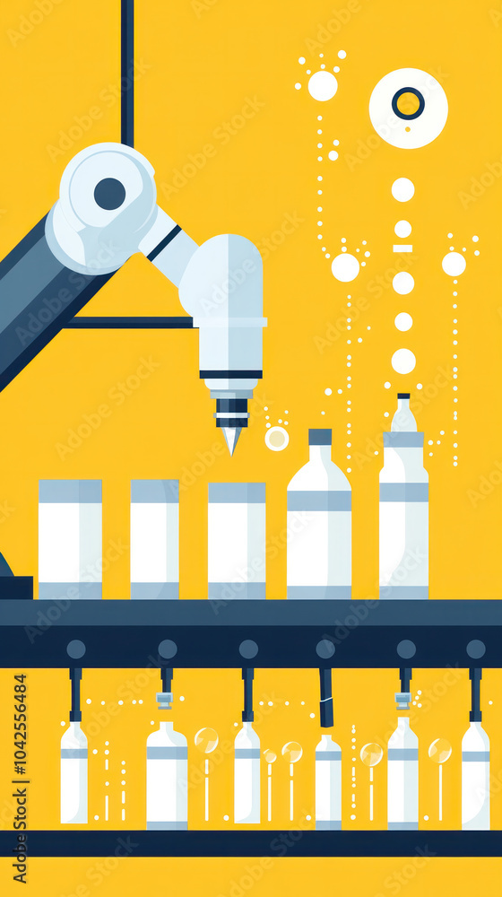 Poster a robot is working on a line of bottles. the bottles are white and the robot is spraying them with a