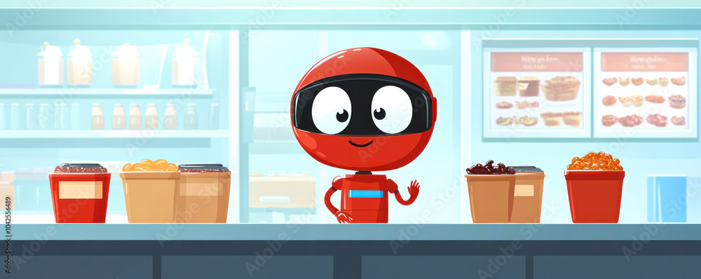 Poster a robot is standing in front of a counter with a smile on its face. the robot is surrounded by vario