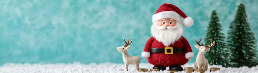A cheerful Santa Claus figure stands among miniature reindeer and evergreen trees, set against a light blue background, evoking a festive holiday spirit.