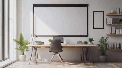 Modern minimalist home office with a large blank canvas, a desk, a chair, potted plants, and natural light streaming in from a window.