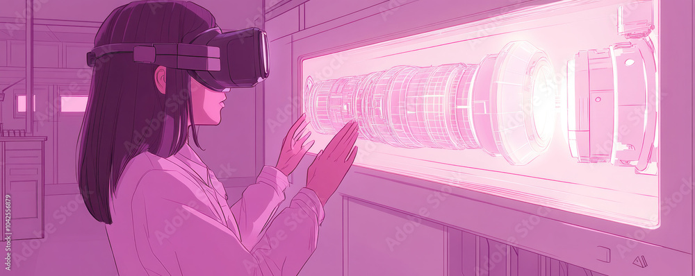 Poster a woman wearing a virtual reality headset is looking at a display of objects. the scene is set in a 