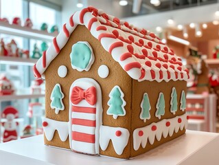 A colorful gingerbread house decorated with icing, featuring candy canes and festive elements, showcased in a cheerful holiday setting.
