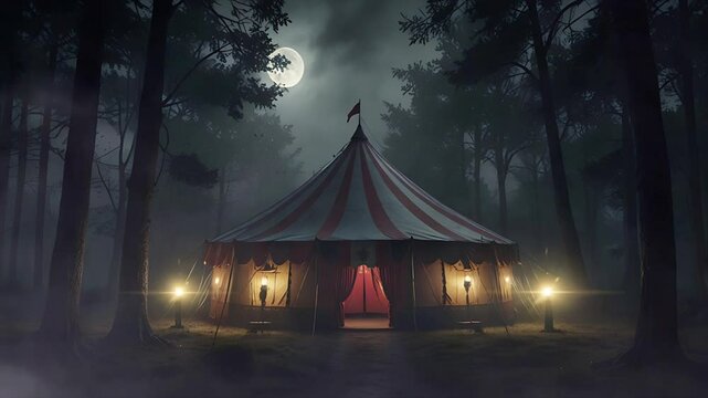 A circus tent in the middle of the forest at night. Seamless 4K looping timelapse video animation background