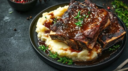 A plate of tender beef short ribs served with creamy mashed potatoes and garnished with herbs.