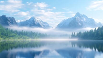 A serene mountain lake scene with a misty morning light.