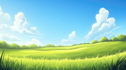 Obraz premium Lush Green Meadow with Fluffy Clouds and Blue Sky