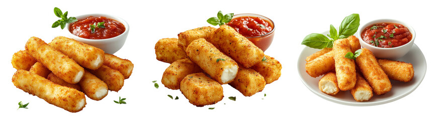 Mozzarella sticks with marinara sauce isolated on transparent PNG background perfect for snack packaging or appetizer-themed illustrations