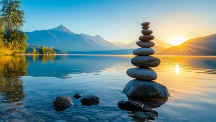 Balanced stones on a lake shore at sunrise with mountains in the background.