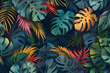 Fototapeta premium A bunch of tropical leaves on a dark background